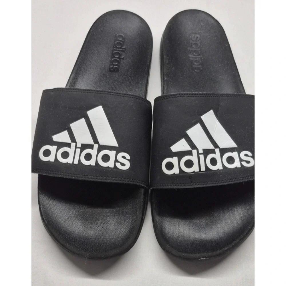 Adidas men's unisex black slides white logo shower sandals size 12‎